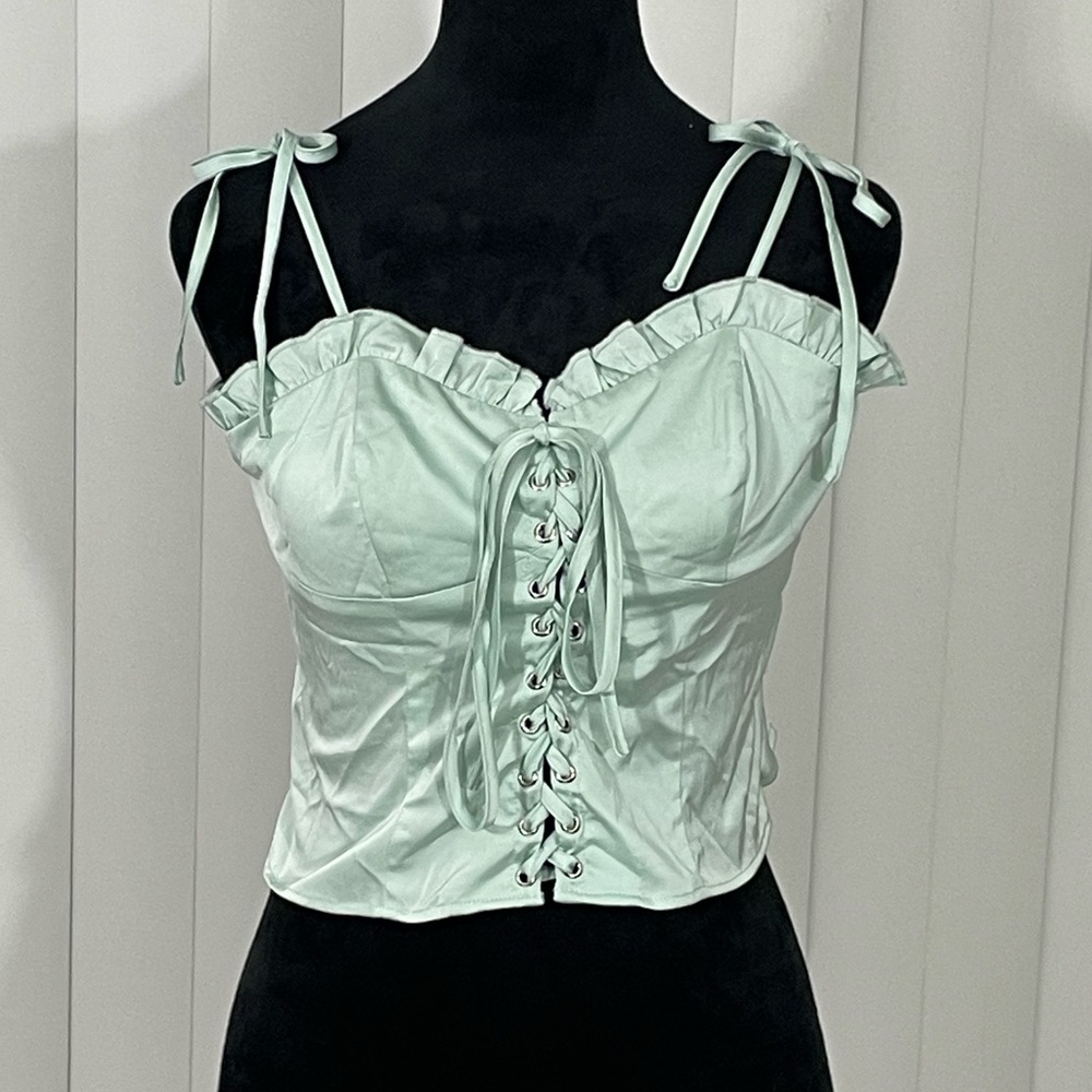 CURRENT MOOD Anything Could Happen Lace Up Ruffle Bustier Tank Top Mint Green M